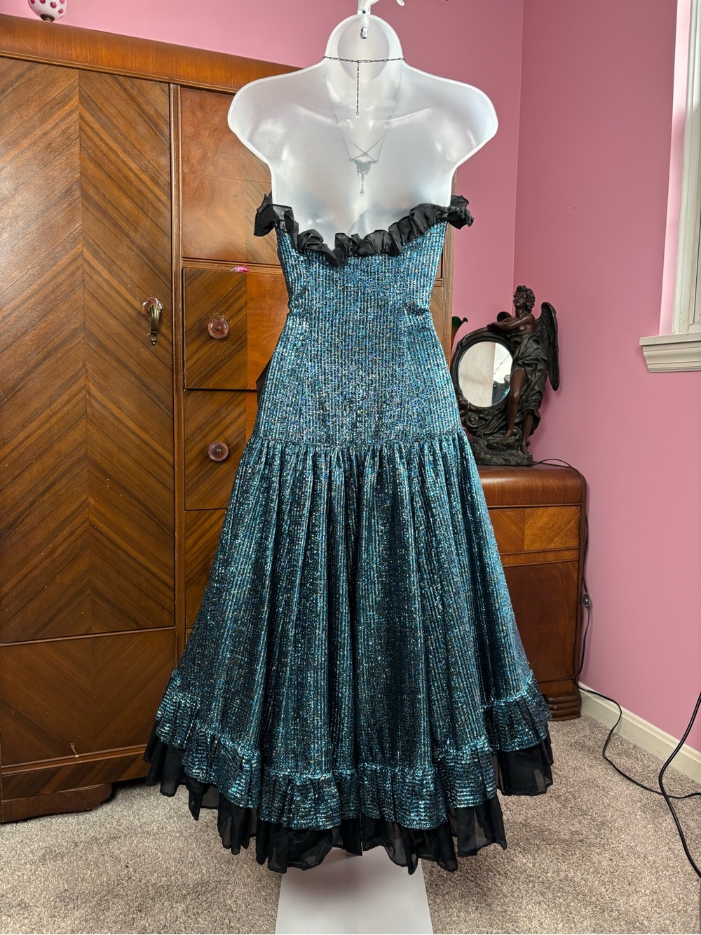 Vintage Teal Ruffled Evening Dress with Black Bow XXS - Picture 6 of 6
